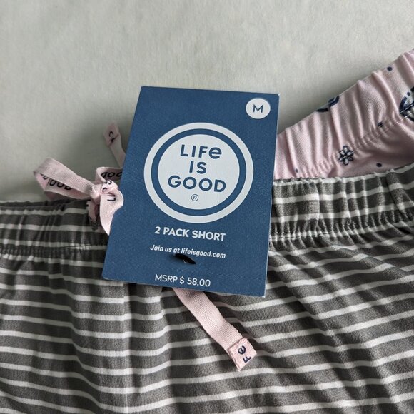 SET OF 2 SUMMER SLEEP SHORTS WOMENS M PINK GRAY LIFE IS GOOD NWT - Picture 3 of 6